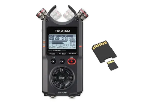 Tascam DR-40XP Audio-Recorder mit Speicherkarte - Vielseitiger Audio-Recorder für Musiker, Journalisten und Filmemacher. Das Set enthält eine Speicherkarte und ermöglicht hochwertige Aufnahmen mit 4 Spuren. Ideal für kreative Projekte.