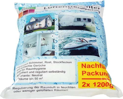 Luftentfeuchter Nachfüll Granulat ( 2x 1200g ), bis 50m² Raumgröße / 2.500ml Flüssigkeit aufnahmefähig