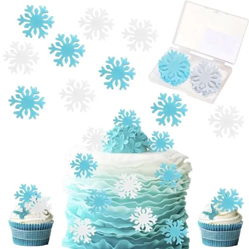 Blau Weiß Schneeflocken, 50 Stück Snowflake Cake Decoration Tortendeko Geburtstag Party Kuchen Dekorationen Zubehör für Torten, Snowflake Cupcake Toppers