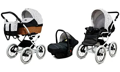 BabyLux Kinderwagen 3in1 mit Autositz für Kleinkinder – Kinderwagen für Neugeborene und Kleinkinder –– Baby Neugeborenen Kinderwagen – 59x105x125cm – Max 15kg – Black Dots White Frame