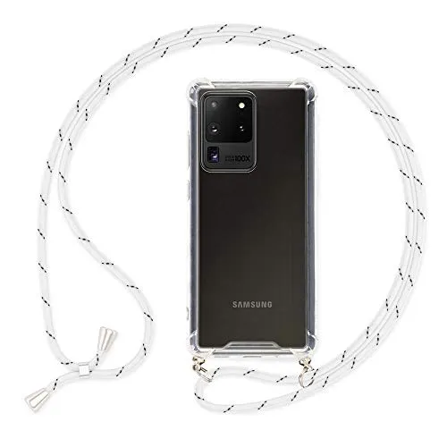 NALIA Handyhülle mit Kette kompatibel mit Samsung Galaxy S20 Ultra Hülle, Slim Necklace Hard-Case mit Umhänge-Band, Transparente Schutzhülle & Handy-Schnur, Soft Kordel Cover Etui, Farbe:Weiß
