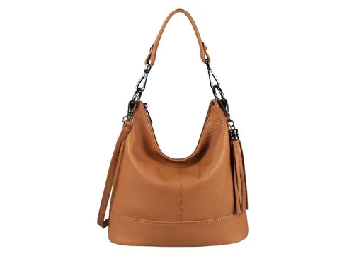 ITALYSHOP24 Schultertasche Made in Italy Damen Leder Tasche - Schultertasche aus hochwertigem Leder in Cognac, vielseitig tragbar als Handtasche oder Umhängetasche mit geräumigem Hauptfach und stylischem Fransen-Anhänger.