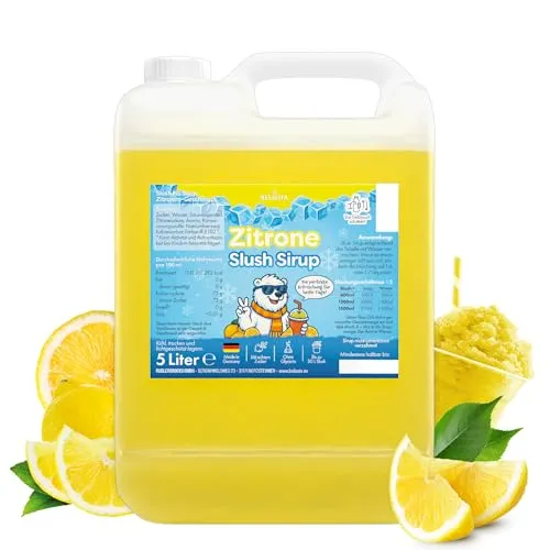 Belissia Slush Eis Sirup 5 Liter Konzentrat | Zitrone Geschmack | sehr ergiebig in knalligen Farben (1:5) für bis zu 30 Liter | Glycerin frei – für Slush-Eis
