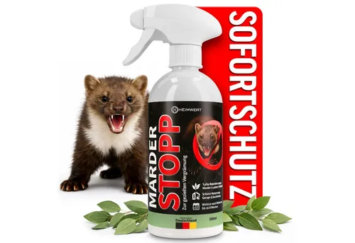 HEIMWERT Marderspray - Hochwirksamer Marderschreck mit Langzeitformel - Schützen Sie Ihr Fahrzeug und Zuhause vor Mardern mit unserem effektiven HEIMWERT Marderspray. Die praktische 500 ml Sprayflasche sorgt für bis zu 8 Wochen Schutz ohne Rückstände.