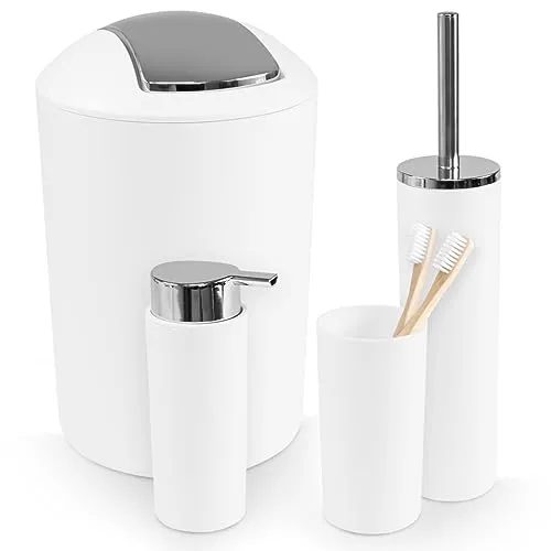 WENKO Calvo Badezimmer Zubehör Set 4-teilig - Badausstattung Set in elegantem Weiß, enthält Seifenspender, Zahnputzbecher, Toilettenbürste und Kosmetikeimer - ideal für ein modernes Badezimmer.