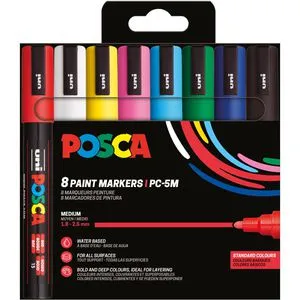 POSCA PC-5M Marker Set - 8 Standardfarben - Schreibutensilien mit wasserbasierter Pigmenttinte, vielseitig einsetzbar auf vielen Oberflächen – ideal für kreative Projekte.