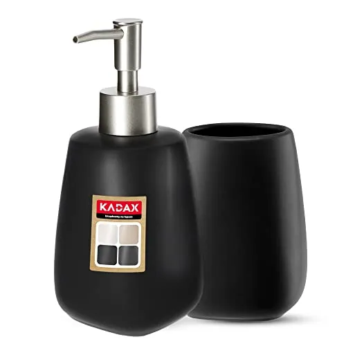 KADAX 2-teiliges Badezimmer Set aus Keramik, Badaccessoires, Badzubehör, Seifenspender, Badezimmerbecher, Seifenschale und WC-Bürste (Becher&Spender Schwarz)