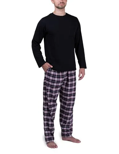 Moonline Herren Schlafanzug mit Flanellhose - Schwarz, Größe L - Schlafanzüge für Herren mit hohem Tragekomfort aus 100% Baumwolle, ideal für gemütliche Nächte oder entspannte Tage zuhause.