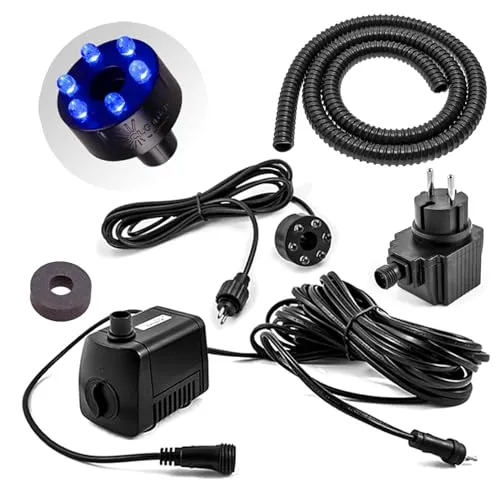CLGarden Wasserspielpumpe Set SP1-S mit Licht - Brunnenzubehör Set mit 500l/h Pumpe und blauem LED Licht, ideal für kleine Quellsteinbrunnen. Enthält alles für die einfache Installation, inklusive Dichtung und 12 Volt Trafo für Sicherheit.
