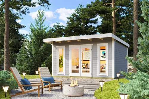 Gartenhaus Blockhaus Pultdach Sizilien 1 grau 430x350 cm - Gartenhaus mit 13,69 m² Nutzfläche und abschließbarer Doppeltür. Ideal für Gartenliebhaber, bietet robusten Holzbau und Isolierverglasung für optimalen Schutz.