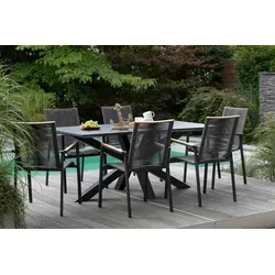 MR.DEKO Gartenlounge-Set Diningsessel Alicante mit Tisch Malaga 200 x 90 cm - Gartenmöbelset bestehend aus 6 Diningsesseln Alicante und 1 Tisch Malaga 200 x 90 cm. Robust und witterungsbeständig – ideal für entspannte Stunden im Freien oder in Ihrem Wohnraum.
