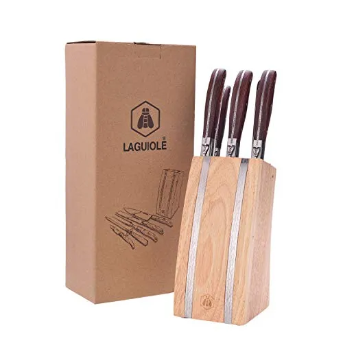 LAGUIOLE - LAGUIOLE Block von 5 Utensilien Pakka Holzgriffe Fleischmesser Brotmesser Gemüsemesser Fleischgabel Schärfgerät Hevea Holzblock Ideales Geschenk