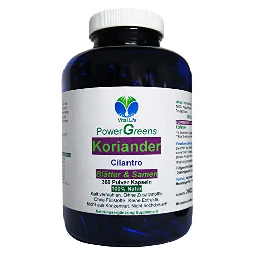 VitalLife Koriander Kapseln - Natur Pur ohne Zusatzstoffe - Hochwertige Kapseln mit Korianderblättern und Samen, hergestellt in Deutschland. Ideal für die tägliche Ergänzung, ohne Zusatzstoffe und in Premium-Qualität.