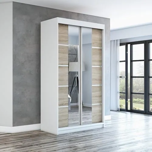 Schwebetürenschrank ERA 120 cm mit Spiegel - Moderner 2-türiger Schrank in Weiß/Sonoma, ausgestattet mit hochwertigem Schiebetürsystem für müheloses Öffnen und viel Stauraum.