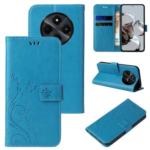 LBH Handy Hülle für Xiaomi Redmi 14C Case Handytasche Schmetterling Blumen Flower Standfunktion Schutzhülle Magnet Rundum Schutz 360 Grad Flipcase Cover Blau