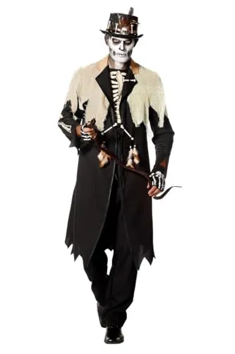 WILBERS & WILBERS 5709 - Voodoo König Mantel für Erwachsene - Authentisches Kostüm für Halloween und Karneval: Langer schwarzer Mantel mit Skelett-Aufdruck und auffälligen Details wie Federn und Knochen – für einen furchteinflößenden Voodoo-Look.
