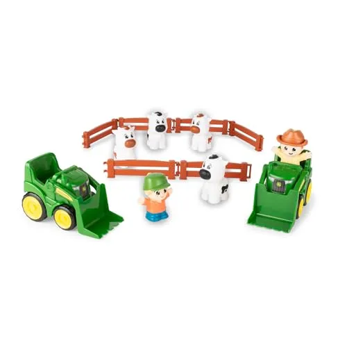John Deere Die Kühe Sind Ausgebrochen, Bauernhof Spielset mit 14 Teilen, Traktoren mit Frontlader, Figuren, Kühe und Zäune, Robust und Realistisch, Lernspielzeug