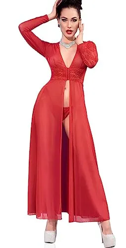 Chilirose Damen Dessous langes Kleid Gown Body in Rot mit Schlitz und Spitze - Elegantes langes Kleid mit langen Ärmeln, verführerischem Schlitz und feiner Spitze. Ideal für besondere Anlässe und romantische Nächte. In den Größen S, M, L, XL erhältlich.