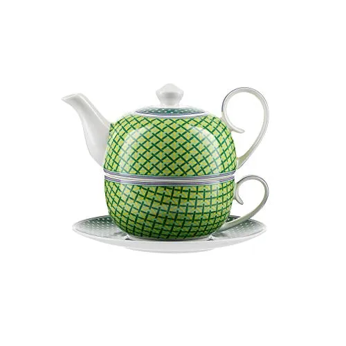 Jameson & Tailor Tea for One Set - Iglu-Teekanne mit Tasse und Untertasse - 4-teiliges Set aus brillantem Porzellan mit grünem Karodesign, spülmaschinen- und mikrowellenfest, ideal für den persönlichen Teegenuss.