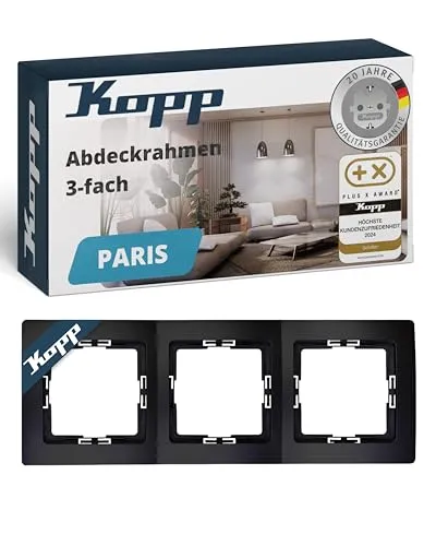 Kopp PARIS 3-fach Abdeckrahmen in Matt-Schwarz - 8,3 x 22,5 cm - Rahmen für Steckdosen & Schalter - Stilvoller Steckdosenrahmen aus Kunststoff - Hochwertiger Lichtschalter-Rahmen