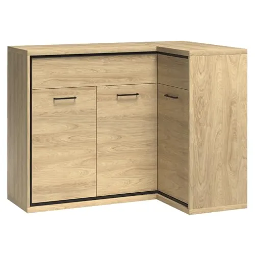 Lomadox MEGARA-161 Eckkommode in Eiche Hickory Design - Moderne Eckkommode MEGARA-161 in braun mit Eiche Hickory Design. Ideal für stilvolle Wohnräume, bietet sie praktische Softclose-Türen und Schubladen sowie robuste Materialien für langanhaltende Freude.