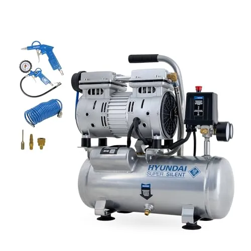 HYUNDAI Silent Kompressor SAC55751SET – Leiser 6L Luftkompressor - Kompressoren: Flüsterleiser 6L Kompressor mit 0,55 kW, 93 L/Min Ansaugleistung und ölfreiem Betrieb – ideal für Haus, Garage oder Werkstatt.