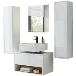 Furn.Design Badmöbel-Set Glide, Weiß Hochglanz & Eiche - 4-teiliges Badmöbel-Set mit hängendem Design, inkl. LED-Spiegel und Push-to-Open-Funktion für mehr Komfort. Pflegeleicht und feuchtigkeitsgeschützt – ideal für moderne Badezimmer!