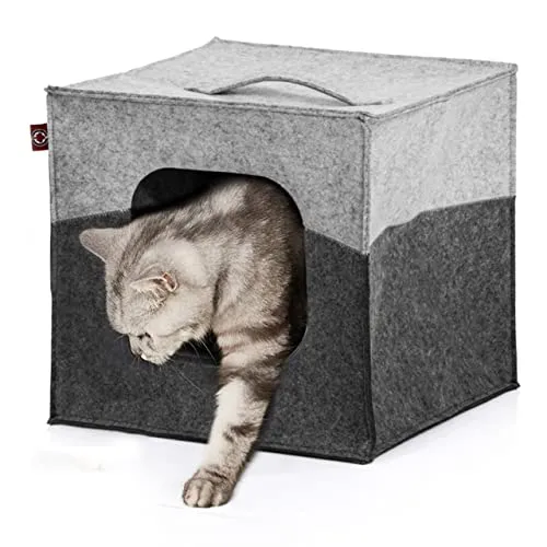 CanadianCat Company | Katzenhöhle Katzenbox aus Filz, passend für IKEA Regal Kallax und Expedit, Katzenhaus inkl. 2-Funktion-Wendekissen, hellgrau/dunkelgrau, ca. 33 x 33 x 33 cm