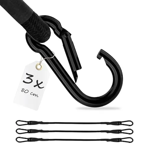ECENCE 3er Set Spanngummi mit Karabiner aus Edelstahl - starker Expander 80cm in Schwarz, extra stabile Spanngurte mit Haken, Spannseil für Fahrrad, Gepäck
