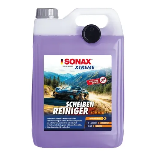 SONAX XTREME Sommer Scheibenreiniger 5L - Gebrauchsfertig für alle Fahrzeugwaschanlagen - Leistungsstarker Glasreiniger, der Insekten- und Ölflecken effektiv entfernt. Schonend zu Lack und Gummi, ideal für moderne Wischsysteme. Frischer Duft und hohe Sicherheit bei allen Witterungsbedingungen.