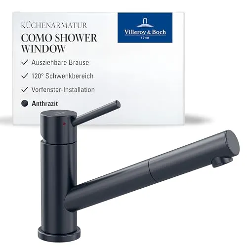 Villeroy & Boch Como Shower Window Anthracite Hochdruckarmatur - Elegante Hochdruckarmatur mit Ausziehauslauf und 120° Schwenkbereich, ideal für Vorfenstermontage und sorgt für einen komfortablen Wasserfluss von 8,6 l/min.