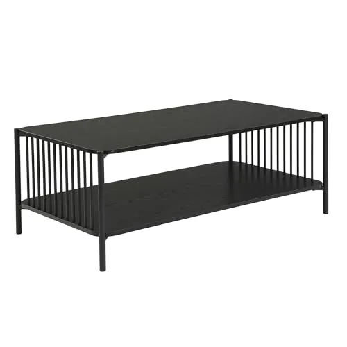 FineBuy Couchtisch 110x60cm Eiche Optik Schwarz Rechteckig - Design Sofatisch Metall - Wohnzimmertisch Ablage - Loungetisch Stauraum - Beistelltisch Kaffeetisch