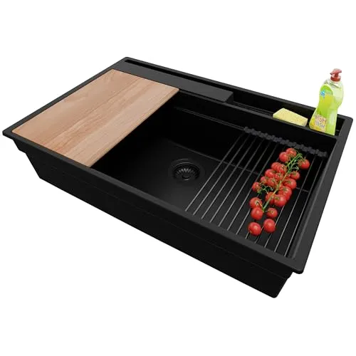 PRIMAGRAN Spülbecken Alles Schwarz 78x53cm - Granitspüle 1 Becken mit XXL-Becken für große Mengen Geschirr, inklusive Ablauf-Set und vielseitigem Küchenzubehörset, ideal für Unterschränke ab 80 cm.