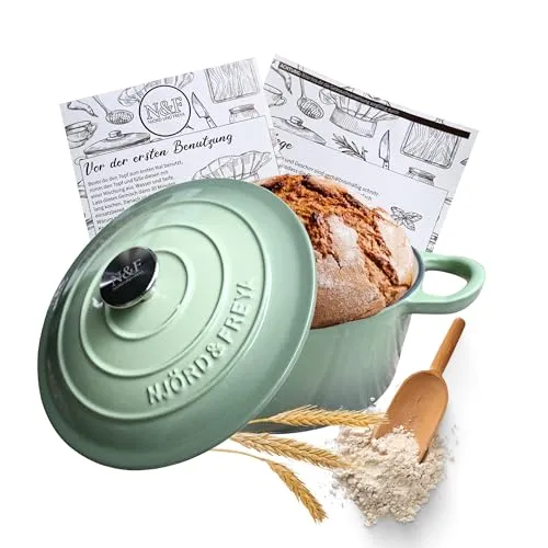 Brotbacktopf Gusseisen emailliert – Bräter & Schmortopf – Dutch Oven mit Deckel, 24 cm – Profi Topf für Brot Backen, Sauerteig, Eintöpfe & Schmorgerichte – backofenfest – Njörd & Freya