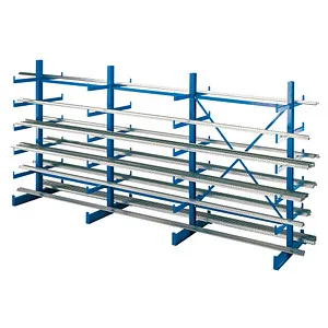 Kragarmregal K1000 - 4800kg Tragkraft, zweiseitig nutzbar - Werkstatteinrichtung mit 4800kg Tragkraft pro Seite, ideal für schwere Lasten. Robuste Stahlkonstruktion in RAL 5010 blau, montagefreundlich und inklusive Schwerlastanker.