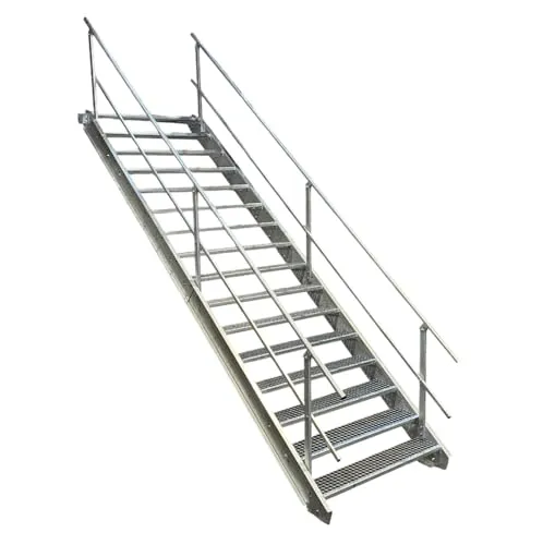 Stufen Stahltreppe mit beidseitigem Geländer/Breite 120cm Geschosshöhe 274-340cm / Robuste Außentreppe/Wangentreppe/Stabile Industrietreppe für den Außenbereich/Inklusive Zubehör 16