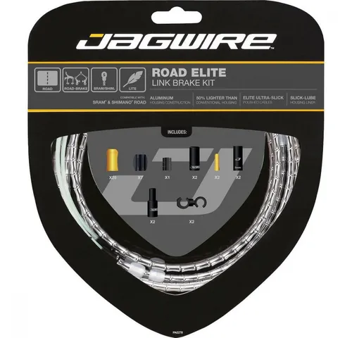 Jagwire Road Elite Link Bremszugset Silber für SRAM - Das Jagwire Road Elite Link Bremszugset bietet Radfahrern eine leichte und präzise Bremsleistung. Ideal für SRAM-Systeme, kombiniert es innovative Materialien für optimale Performance und Langlebigkeit.