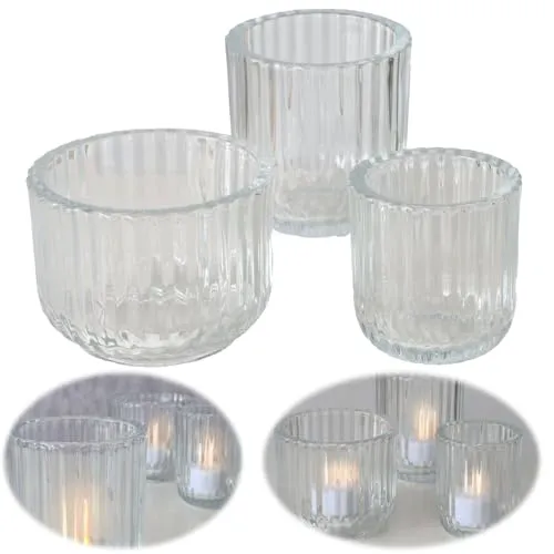 LS-LebenStil 3er Set Teelichthalter Glas Retro Klar durchsichtig 7-9cm Teelichtglas Windlicht Kerzenhalter Teelichtständer Kerzenständer perfekt für Tischdeko, Hochzeiten, Partys & Tischdekoration