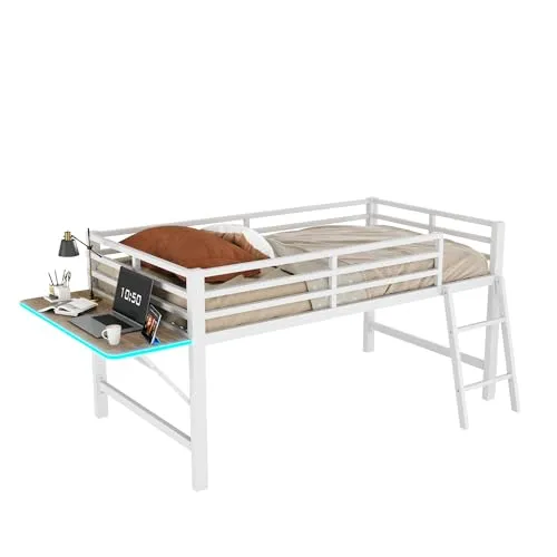 SOFTWEARY Hochbett mit LED-Beleuchtung, Schreibtisch, Rausfallschutz, Leiter und Lattenrost, Kinderbett, Metallbett, Jugendbett (weiß, 90x200 cm)