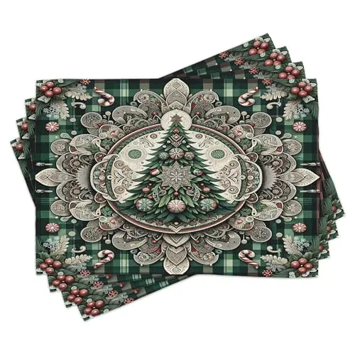 ABAKUHAUS Platzmatten, Kariertes Mandala-Weihnachtsbaum, Waschbare Stoff Esszimmer Küche Tischdekorations Digitaldruck, Jägergrün Grau Korallenrot