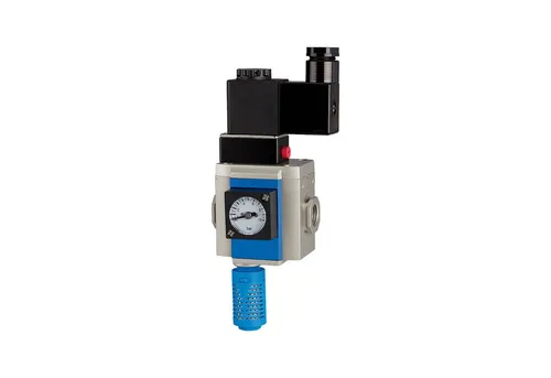 Riegler 3/2-Wege-Anfahrventil G-mini, 24 V DC, BG 200 - Kompaktes 3/2-Wege-Anfahrventil für zuverlässige Druckluftsysteme. Mit Haltewinkel, Schalldämpfer und einstellbarer Drossel für optimale Steuerung und Belüftung.