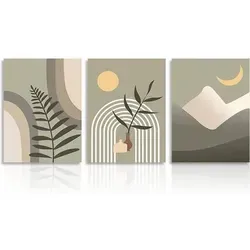 Dazzlewall Boho Abstrakte Wandbilder 3er Set 30x40 - Verleihen Sie Ihrem Zuhause einen künstlerischen Touch mit diesen einzigartigen Wandbildern in Salbei Grün. Ideal für verschiedene Räume, besteht das Set aus drei hochwertigen Leinwandpostern, die farbenfroh und faltenfrei sind.