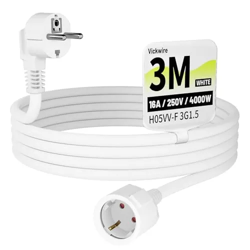 Vickwire Verlängerungskabel 3m Kabel Kabelverlängerungen mit Schutzkontakt Stecker Schuko Verlängerung 16A/250V, Weiß, H05VV-F 3G1,5 mm²