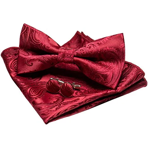 JEMYGINS Paisley Fliege und Einstecktuch mit Manschettenknöpfe Sets für Herren, Dunkelrot, M