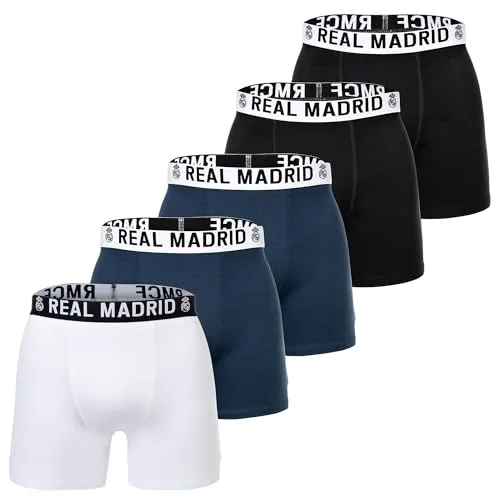 Real Madrid Jungen Boxershorts 5er Pack – Bequeme Boxer Trunks für Fans - OFFIZIELLES LIZENZPRODUKT – 5er Pack Boxershorts mit Logobund in Weiß, Dunkelblau und Schwarz. Ideal für Schule und Sport, gefertigt aus 95% Baumwolle für hohen Tragekomfort und Bewegungsfreiheit.