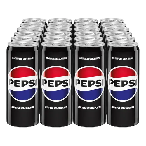 Pepsi Cola Zero Zucker 0,33 Liter Dose, 24er Pack - Cola ohne Zucker und Kalorien – voller Geschmack! Ideal für unterwegs, Partys oder Grillabende. Genieße den klassischen Cola-Geschmack mit Pepsi Cola Zero.