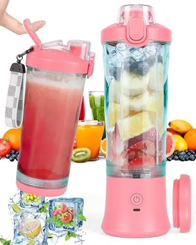 Dreamhigh® Mixer Smoothie Maker, 600ml Tragbarer Mixer für Smoothies und Shakes mit 6 Klingen, 4000mAh Mini Mixer Kann 25 Tassen Saft auspressen für Büro, Camping und Reisen (Rosa)
