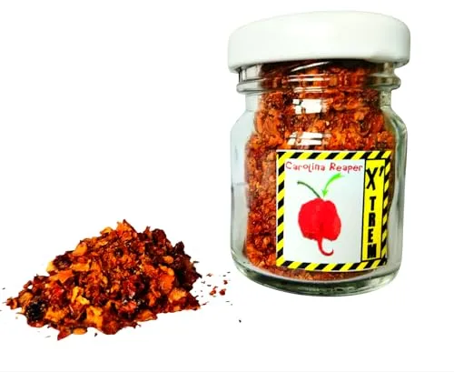 Carolina Reaper in FLOCONS x 45 ml für Carolina Reaper Chili Pepper ganze zerkleinerte Chilis – die stärkste Chili der Welt – Sauce