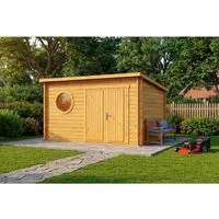 Alpholz Gartenhaus Maria Rondo 400x320cm - Stilvoll und Praktisch - Modernes Gartenhaus mit Pultdach und großem Rundfenster für Tageslicht. Ideal als Gerätehaus oder Rückzugsort. Mit 34 mm Wandstärke für Stabilität und Langlebigkeit, bietet es vielseitige Nutzungsmöglichkeiten.