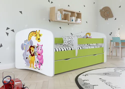 Kinderbett Jugendbett 70x140 cm Grün mit Matratze Rausfallschutz Schublade und Lattenrost Kinderbetten für Mädchen und Junge - Zoo